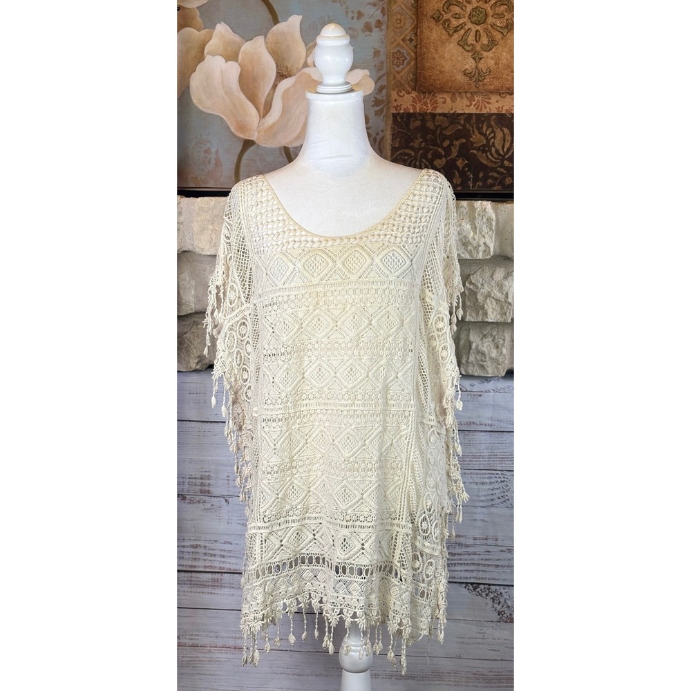 Chicos One Size Cream Crochet Overlay Fringe Top Cotton Boho Poncho OS